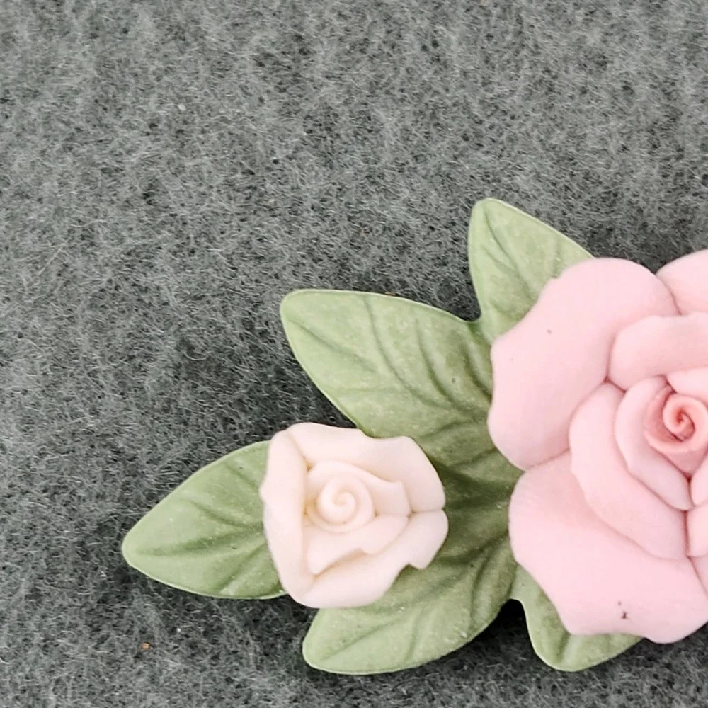 Vintage Pink Porcelain Rose Green Leaf Brooch
